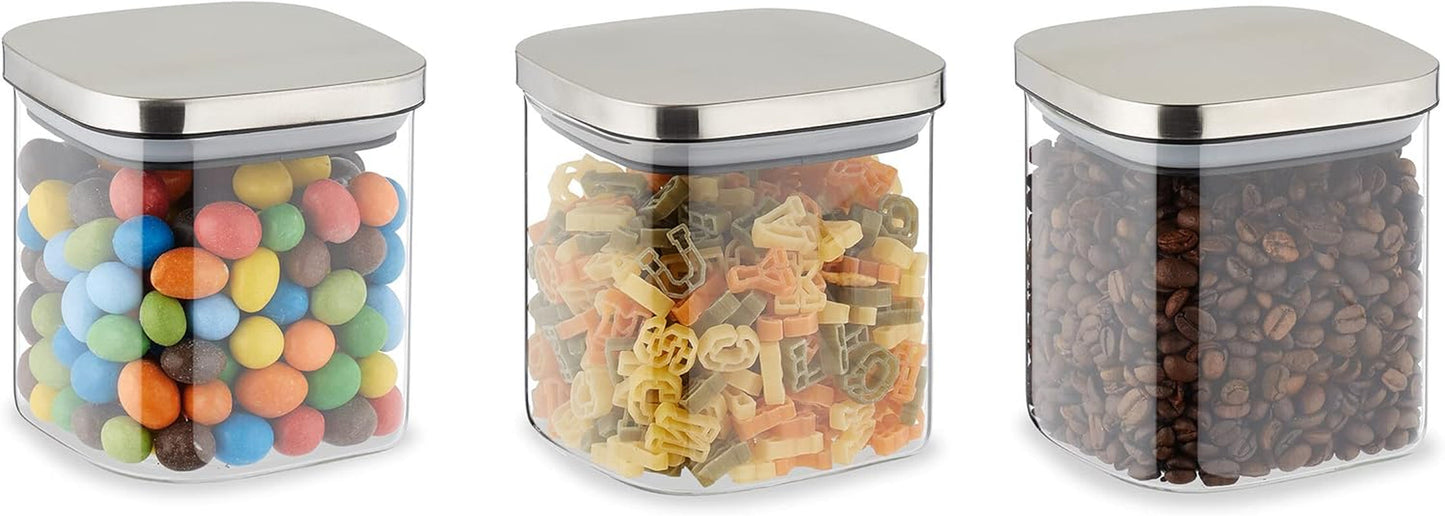 Relaxdays Vorratsgläser mit Deckel, 3er-Set, 600 ml, quadratische Vorratsgläser, luftdichte Glasbehälter, klar/silberfarben, Frischhalteboxen, Naty Shop Standardtitel