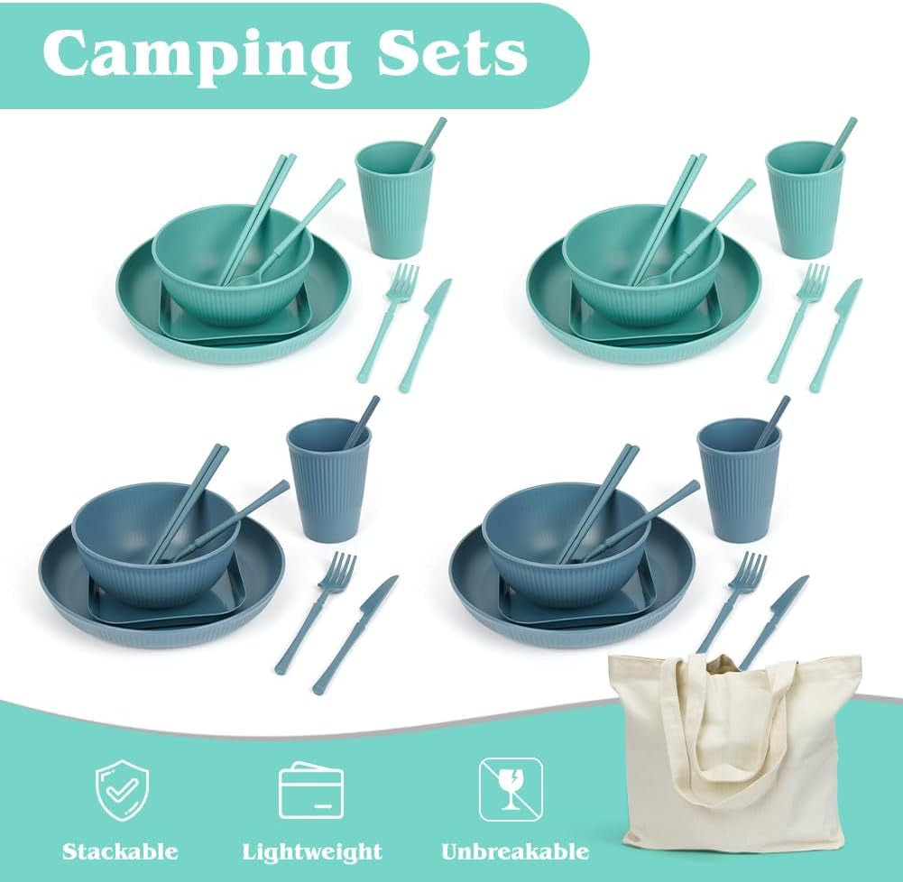 53-teiliges 4-Personen-Campinggeschirr-Set, unzerstörbares 4-Personen-Campinggeschirr, leichtes Kunststoff-Geschirr-Set mit Tragetasche, stapelbare Teller und Schüsseln, BBQ-Garten-Picknick-Geschirr