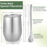 Moderner Mate-Becher 340 ml, isoliertes doppelwandiges Edelstahl-Yerba-Mate-Becher-Set, Mate-Teebecher mit BPA-freiem Deckel, Bombillas und einer Reinigungsbürste (Silber)