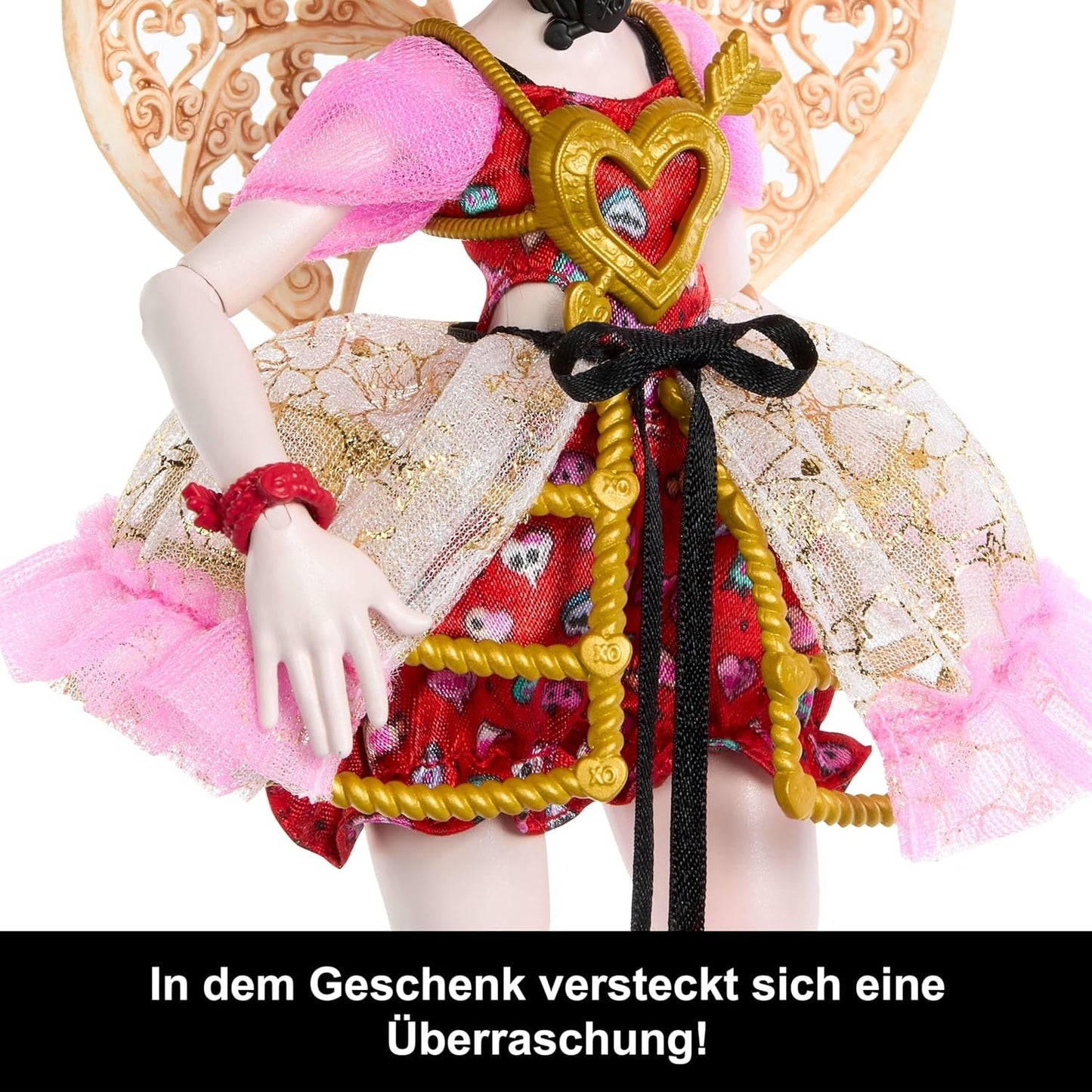 Monster High Scary Sweet Birthday Cupid Asteria Puppe in rosa und rotem Partykleid mit thematischen Accessoires wie Einladung, Ballon, Geschenk und mehr, JBG77