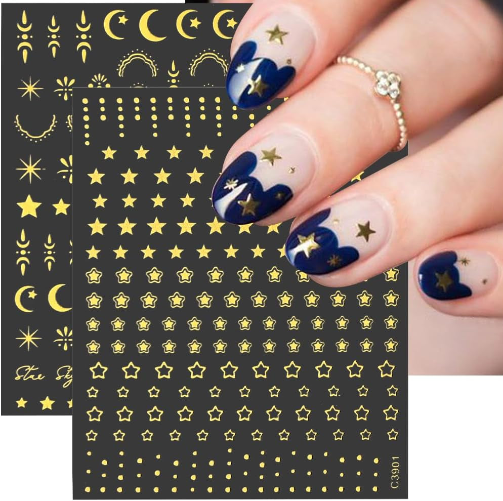 Goldene Stern- und Mond-Nagelaufkleberbögen, Engelsflügel, hellbraune goldene Nagelaufkleber, Sterne, Nagelfolie, Nagelaufkleber, Nageldesign-Zubehör, Nagelaufkleber