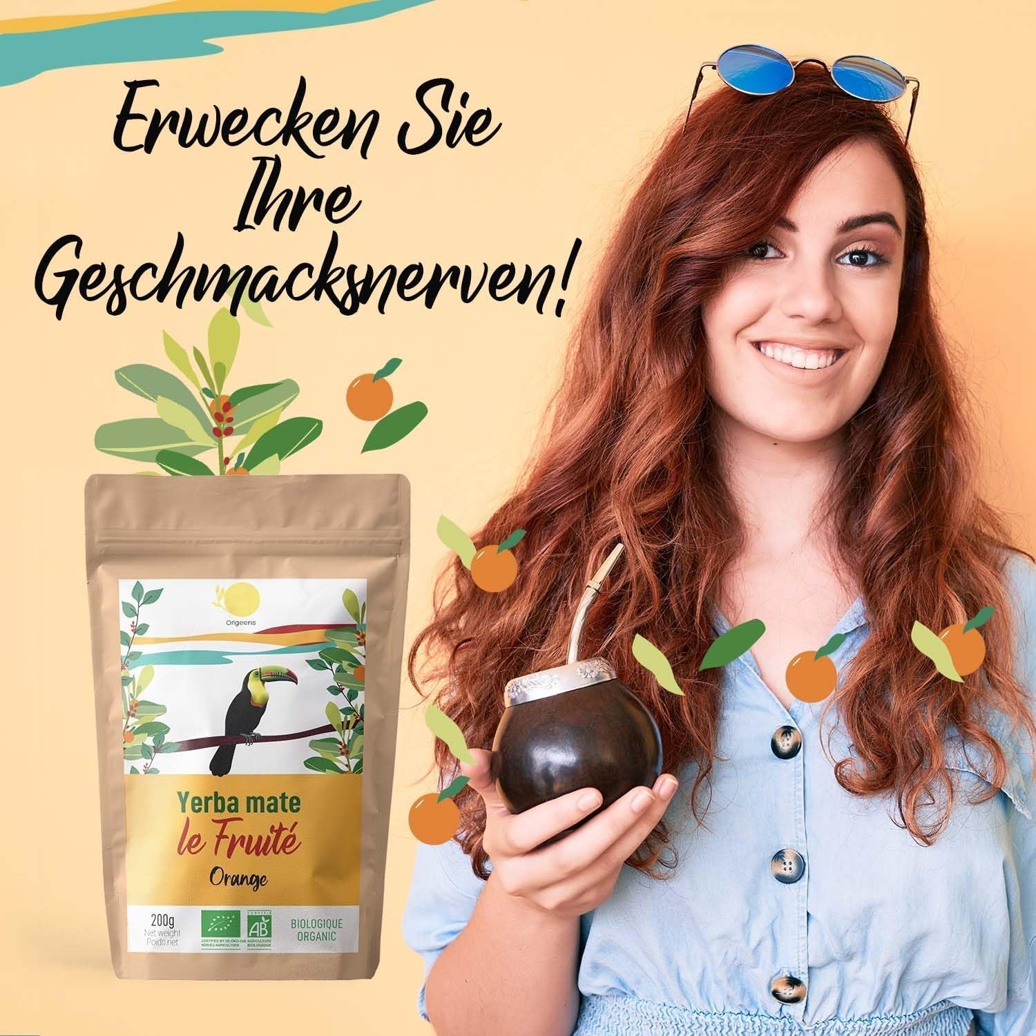 ORIGEENS BIO YERBA MATE mit Orangen 200 G – Fruchtiger Tee I Ungerösteter Bio-Yerba Mate-Tee, ohne Stiele und Staub I Energetisierendes und entgiftendes Getränk