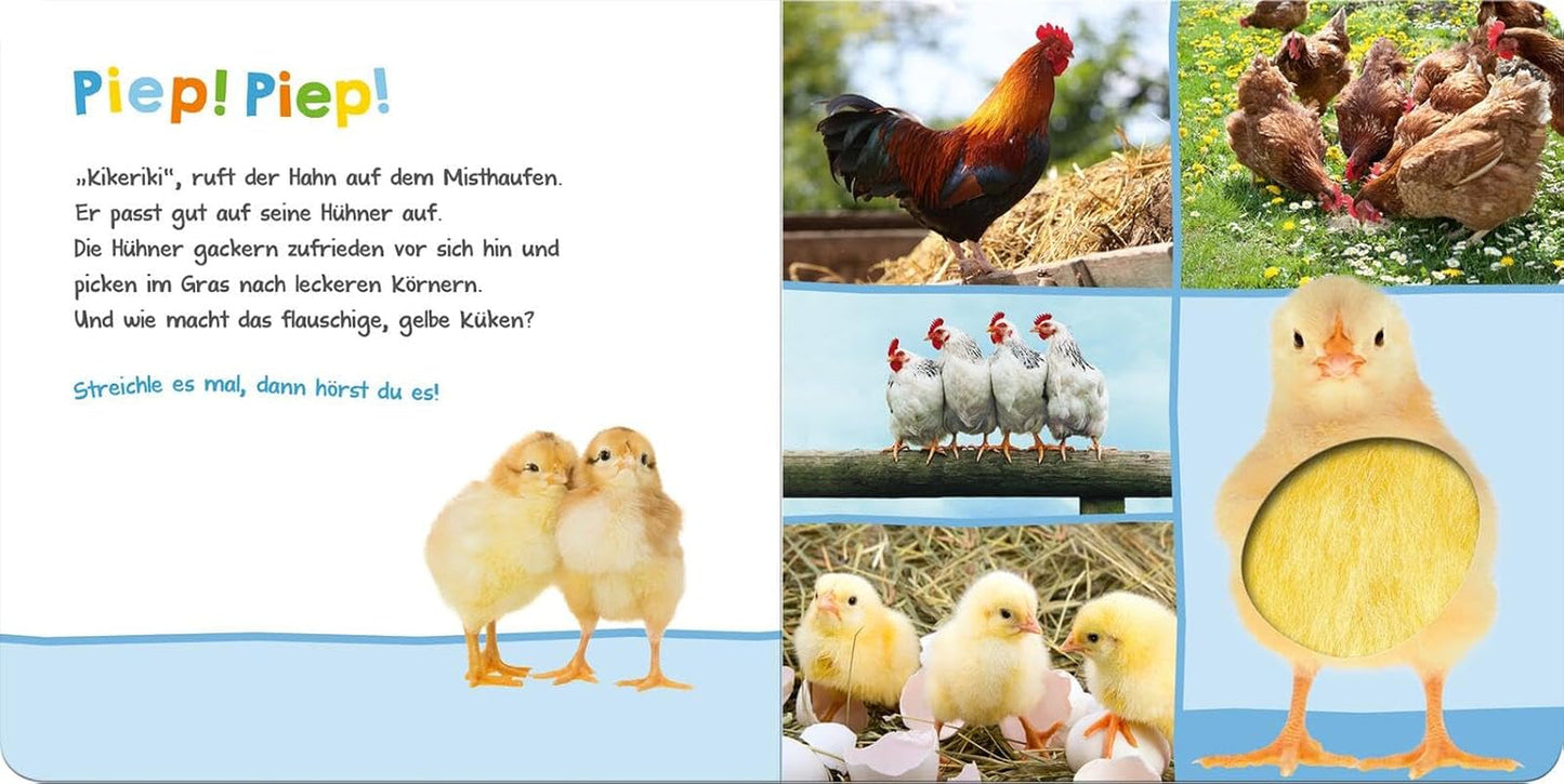 Hören Sie, wer könnte es sein? - Nutztiere: streicheln und zuhören | Hochwertiges Bilderbuch aus Pappe mit 5 Geräuschen und taktilen Elementen für Kinder ab 18 Monaten. Babyspielzeug Naty Shop
