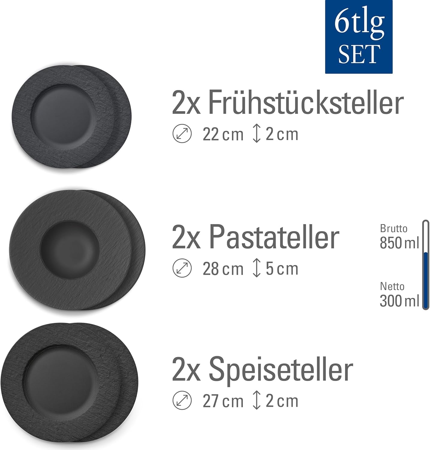 Villeroy & Boch - Manufacture Rock Tafelservice, 6-teilig, Tafelservice für 2 Personen, Premium-Porzellan, Schwarz