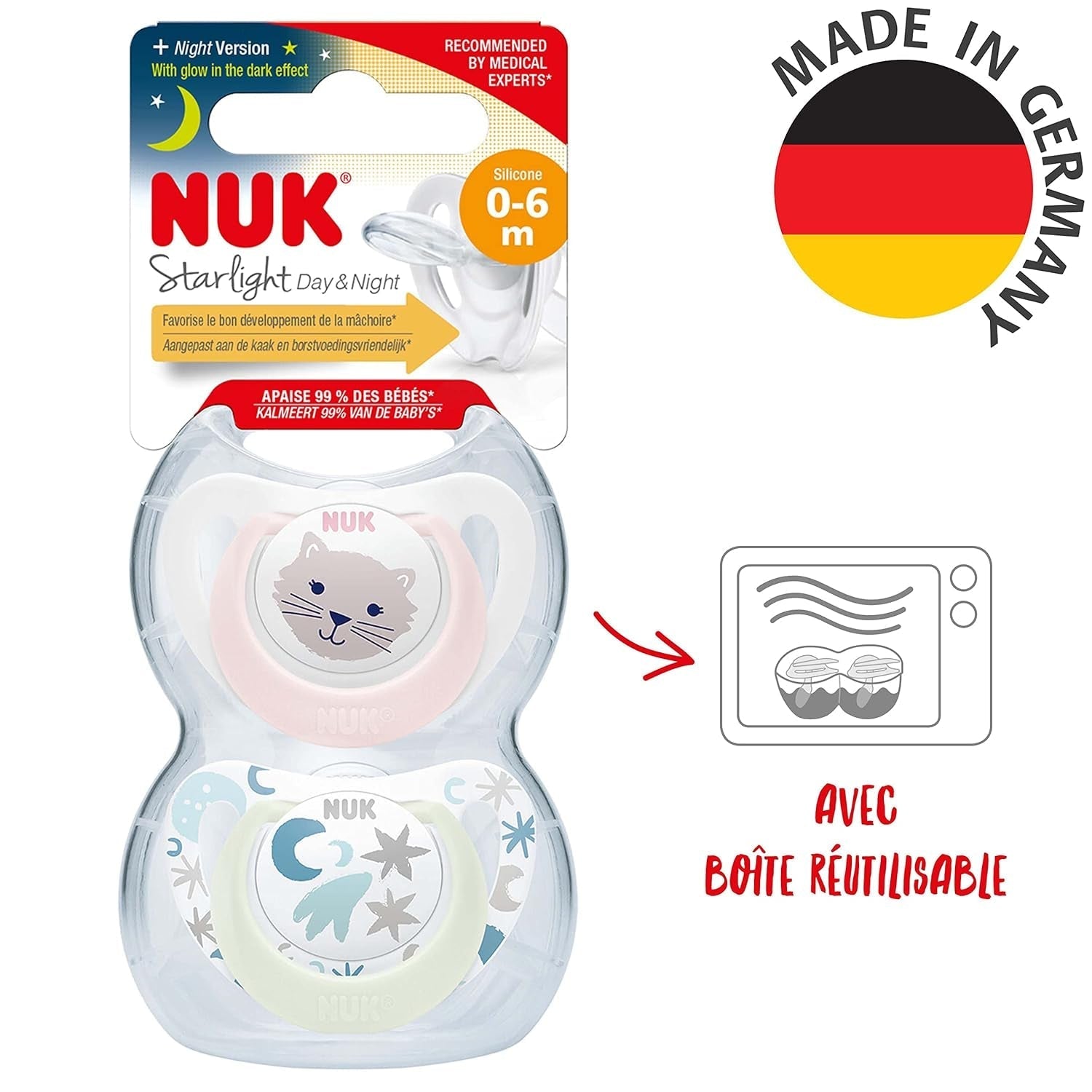 NUK Star Night & Day Baby-Schnuller 0–6 Monate, leuchtet im Dunkeln, BPA-freies Silikon, rosa Katze, 2er-Pack