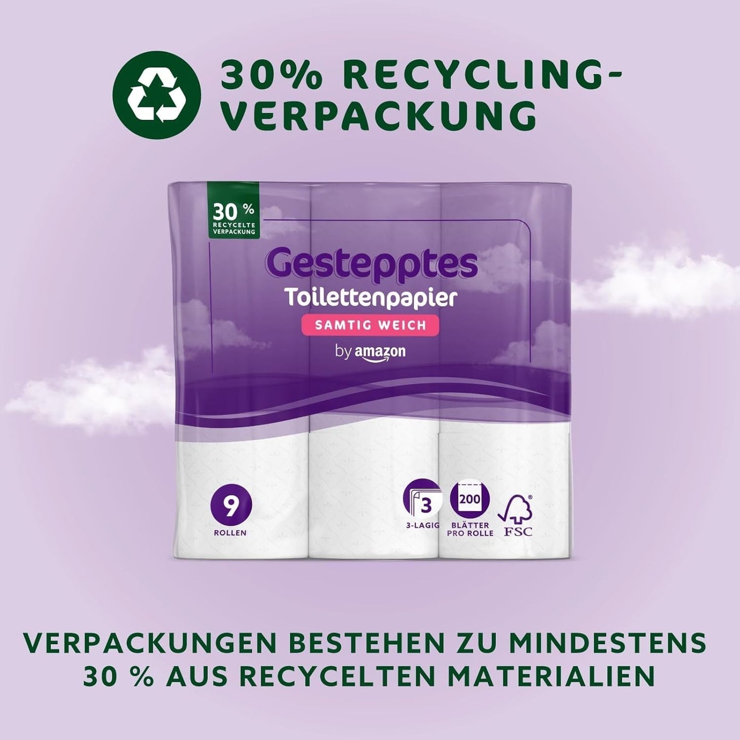 By Amazon Toilettenpapier, 3-lagig gesteppt, samtig weich, 36 Rollen (9 Rollen, 4er-Pack), 200 Blatt pro Rolle, FSC-zertifiziert