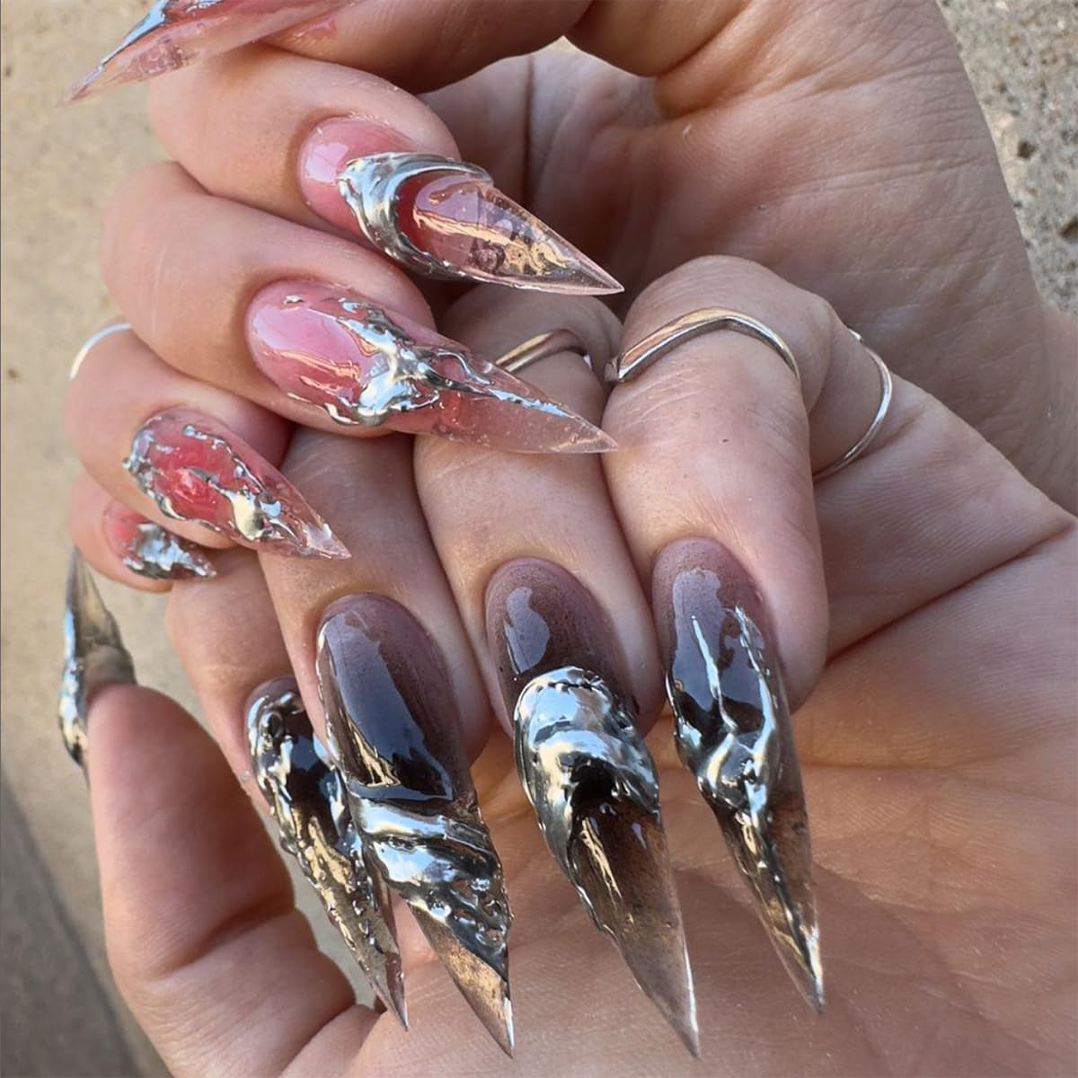 Moonglow Lange Nägel Stiletto Milchweiß Rosa Farbverlauf Glitzer Coole künstliche Nägel mit Kleber Rosa Ombre Glitzer Künstliche Nägel
