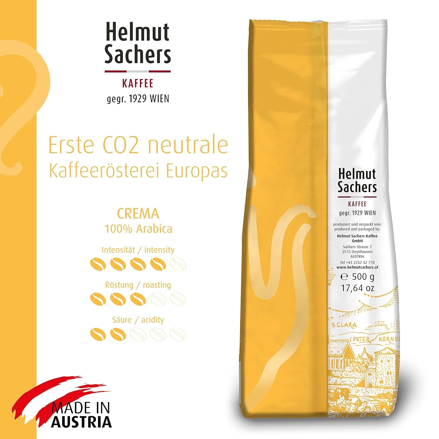 Helmut Sachers Kaffee - Creme, Stärke 4/5, 100 % Arabica, ganze Kaffeebohnen, 6 x 500 g