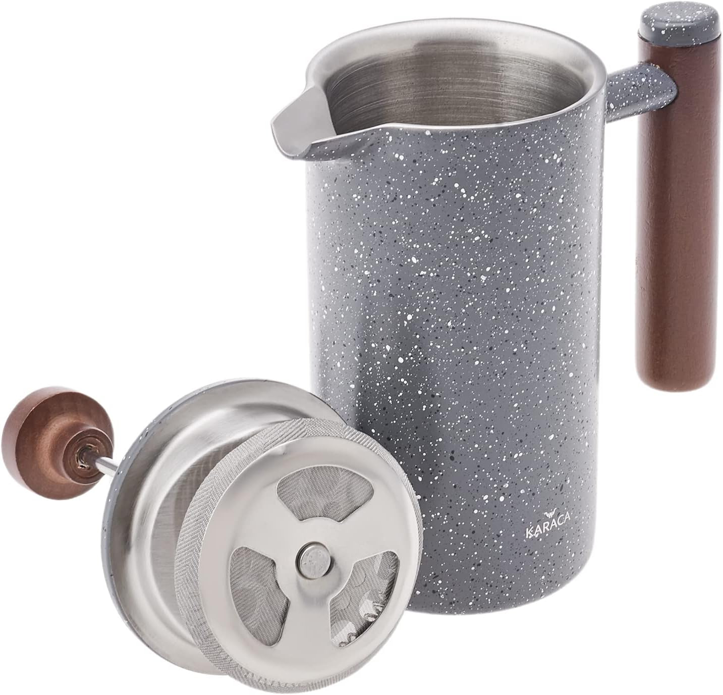 KARACA Doppelwandige French Press aus Marmor mit Kastanienholzgriff – Isolierte French Press für Kaffee – Zuhause, Reisen, Camping, Kaffeemaschine – 350 ml – Dunkelgrau