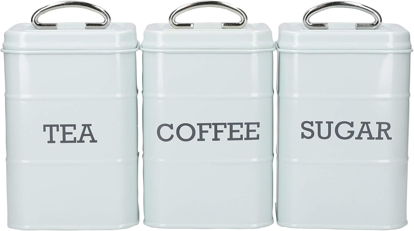 KitchenCraft Living Nostalgia Set mit 3 Vorratsdosen für Tee, Zucker und Kaffee in Geschenkbox, Stahl, Antikcreme, 11 cm x 11 cm x 17 cm, Vintage-Blau, Aufbewahrungsboxen für Lebensmittel, Naty Shop, Antikcreme