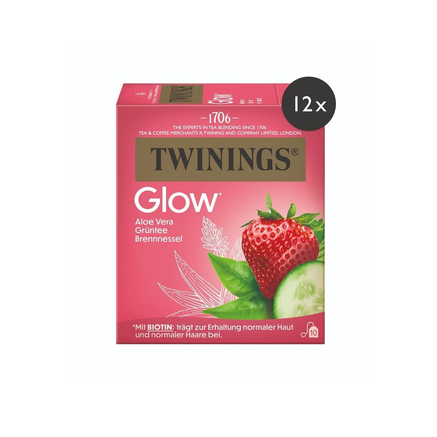 Twinings GLOW Aloe Vera & Brennnessel-Grüntee mit Biotin – Kräuterteemischung für natürliche Haut- und Haarpflege, 12er-Pack (je 10 Beutel)
