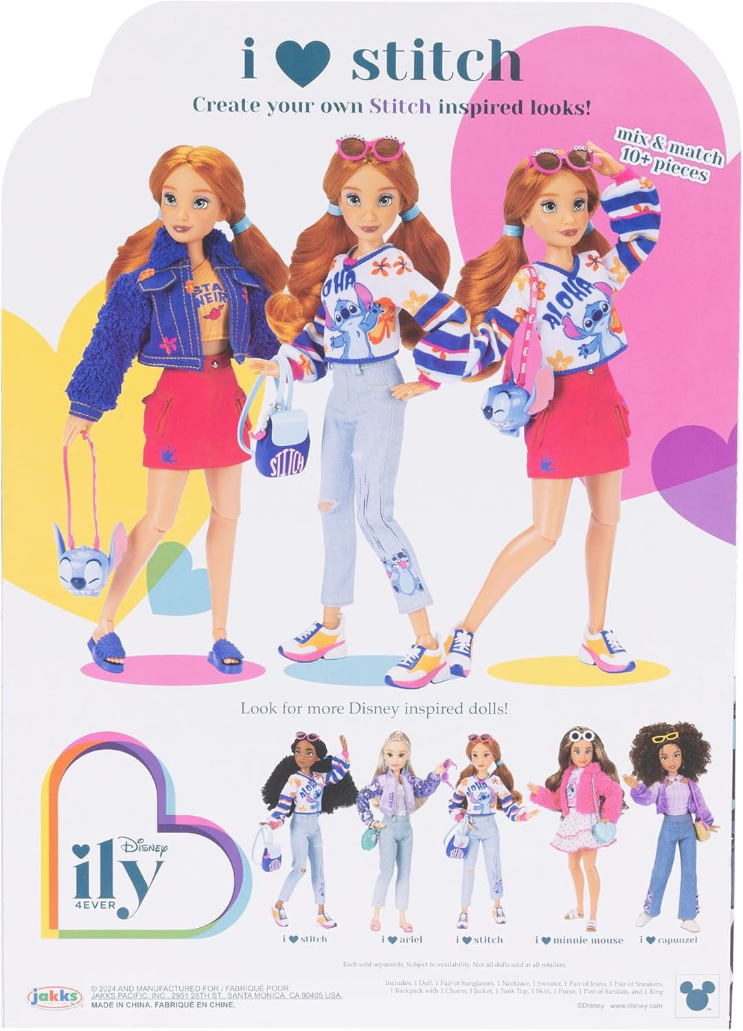 Disney ILY 4EVER Stitch Modepuppen mit roten Haaren, 29 cm groß, mit 13 Artikulationspunkten, zwei kompletten Mix-and-Match-Outfits und einem funkelnden Mickey-Ring für Sie!