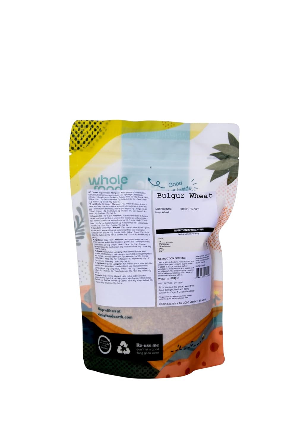 Wholefood Earth Weizenbulgur – gentechnikfrei – natürlich – vegan – milchfrei – ohne Zuckerzusatz, 500 g