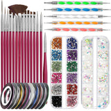 FANDAMEI Nail Art Pinsel Set, 15 Stücke Pinsel Für Gelnägel Nagel Pinsel, 5 Stücke Gepunkteter Stift, 10 Rolle Streifenband Nägel, Strasssteine ​​​​Nägel, Ultra Dünne Nagel Pailletten Für Nagelkunst Maniküre Set