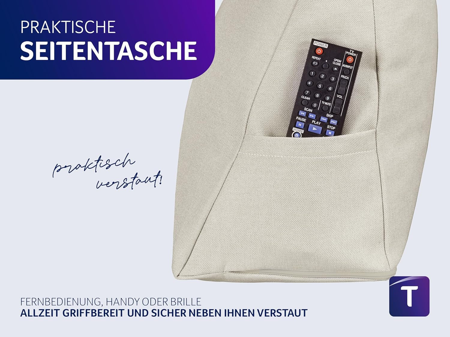 Traumnacht Cozy Rückenkissen, Lesekissen, 70 x 40 cm beige, abnehmbarer und waschbarer Bezug aus 100 % Polyester, praktische Seitentasche, Öko-Tex zertifiziert, nach deutschen Qualitätsstandards produziert
