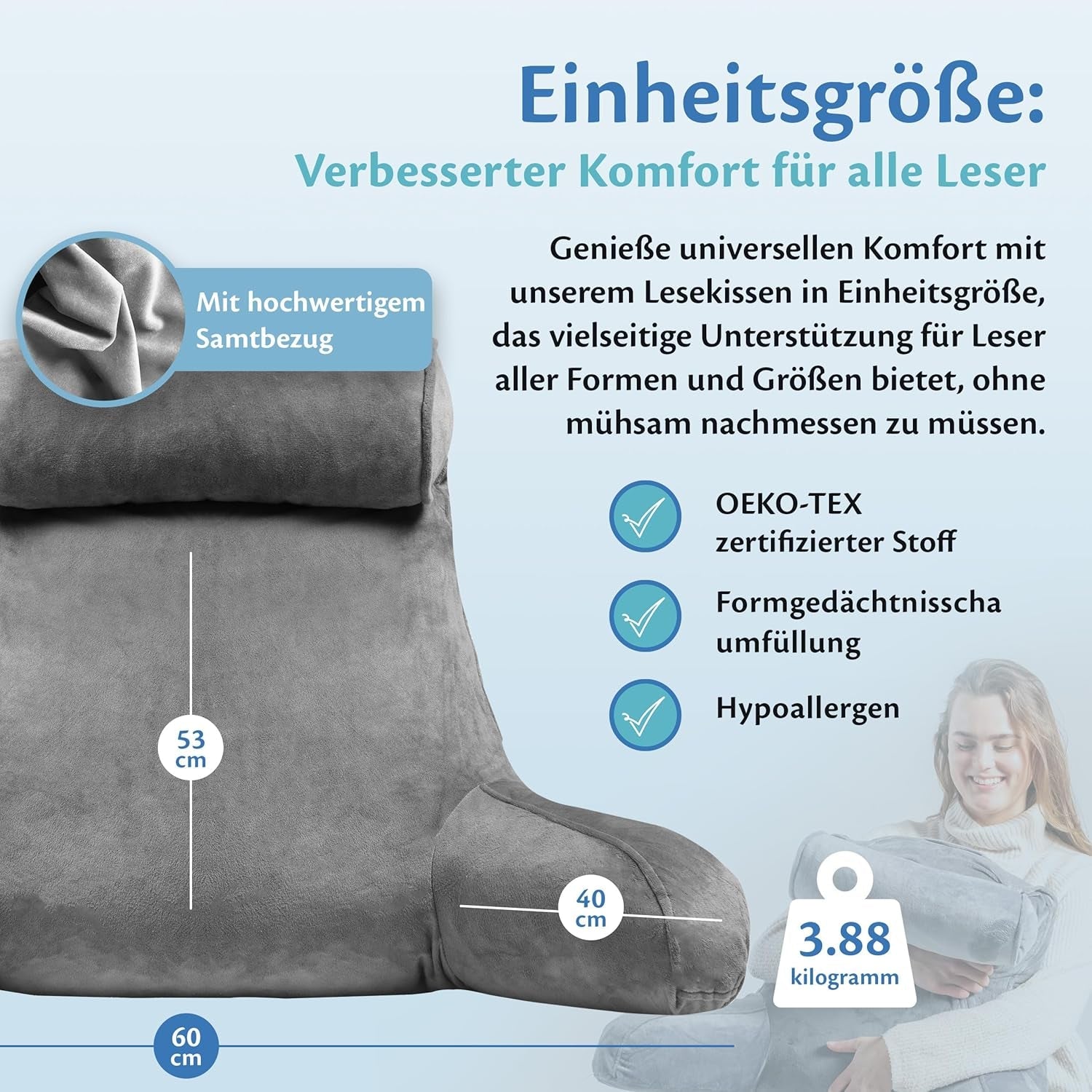 Ella Lesekissen für Bett und Sofa mit abnehmbarer Nackenrolle – Rückenkissen fürs Bett – Lesekissen aus Memory-Schaum mit Armlehnen, ideal zum Lesen, Fernsehen, Entspannen oder als Rückenstütze – Grau