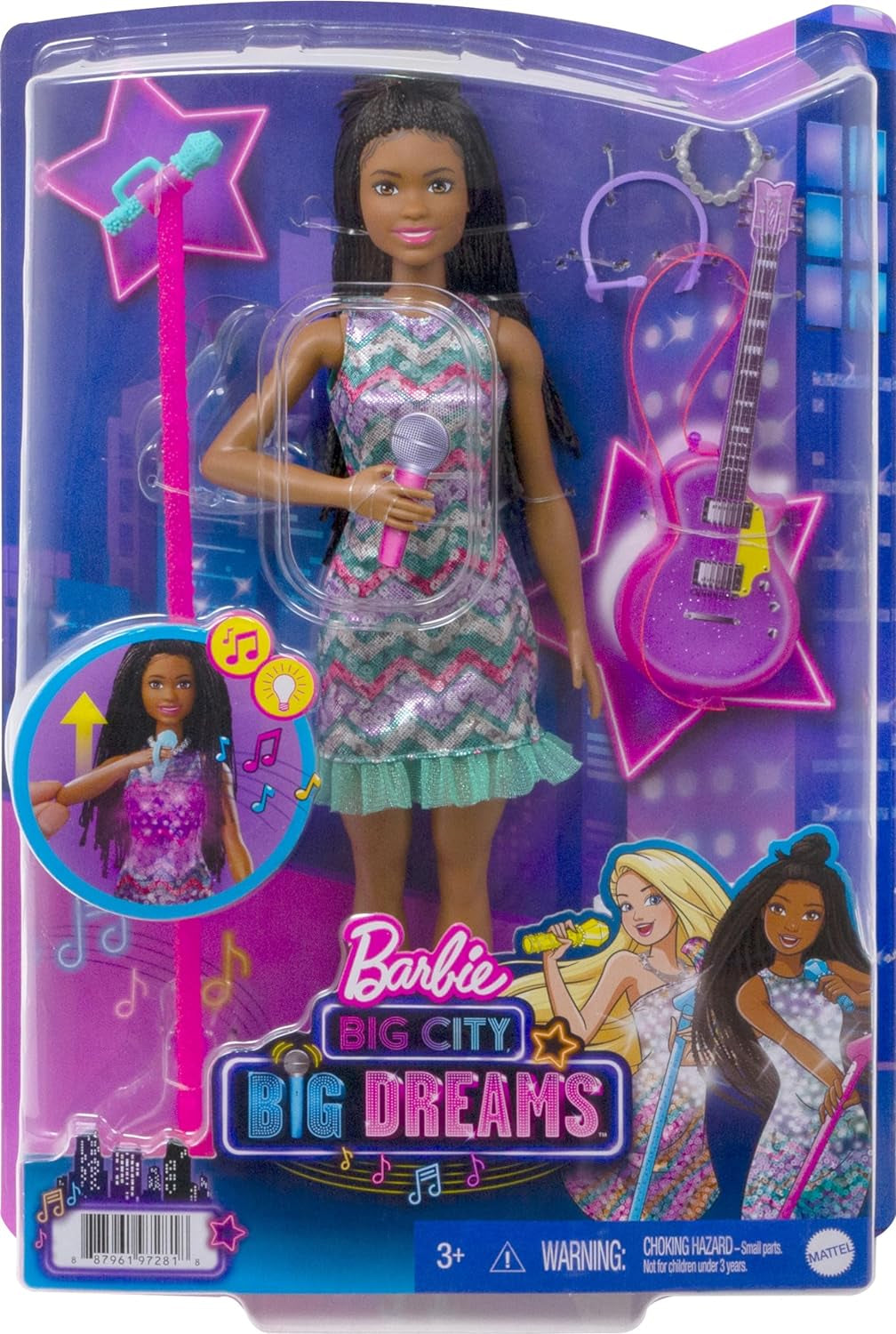 Barbie GYJ22 – Freie Bühne für Big Dream Brooklyn Puppe (ca. 30 cm, braune Zöpfe) mit Filmliedern, Lichtern, Mikrofon und Zubehör, Geschenk für Kinder ab 3 Jahren Naty Shop Dolls