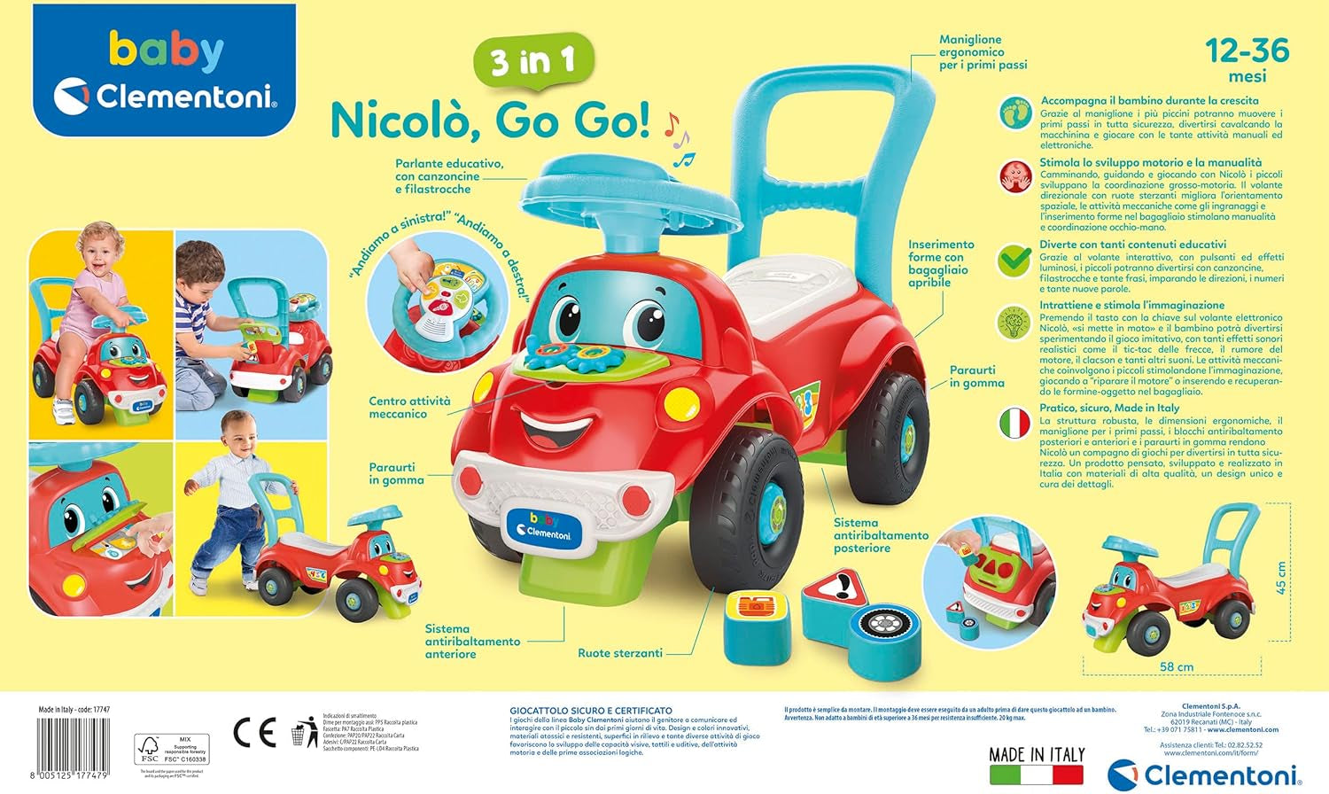 Clementoni – 17747 – Nicolò Go Go 3 in 1 – Reitauto, elektronischer Lernlautsprecher, erste Schritte, Lichter und Geräusche, Spiel für 1-Jährige – Made in Italy Bebe Toys Naty Shop