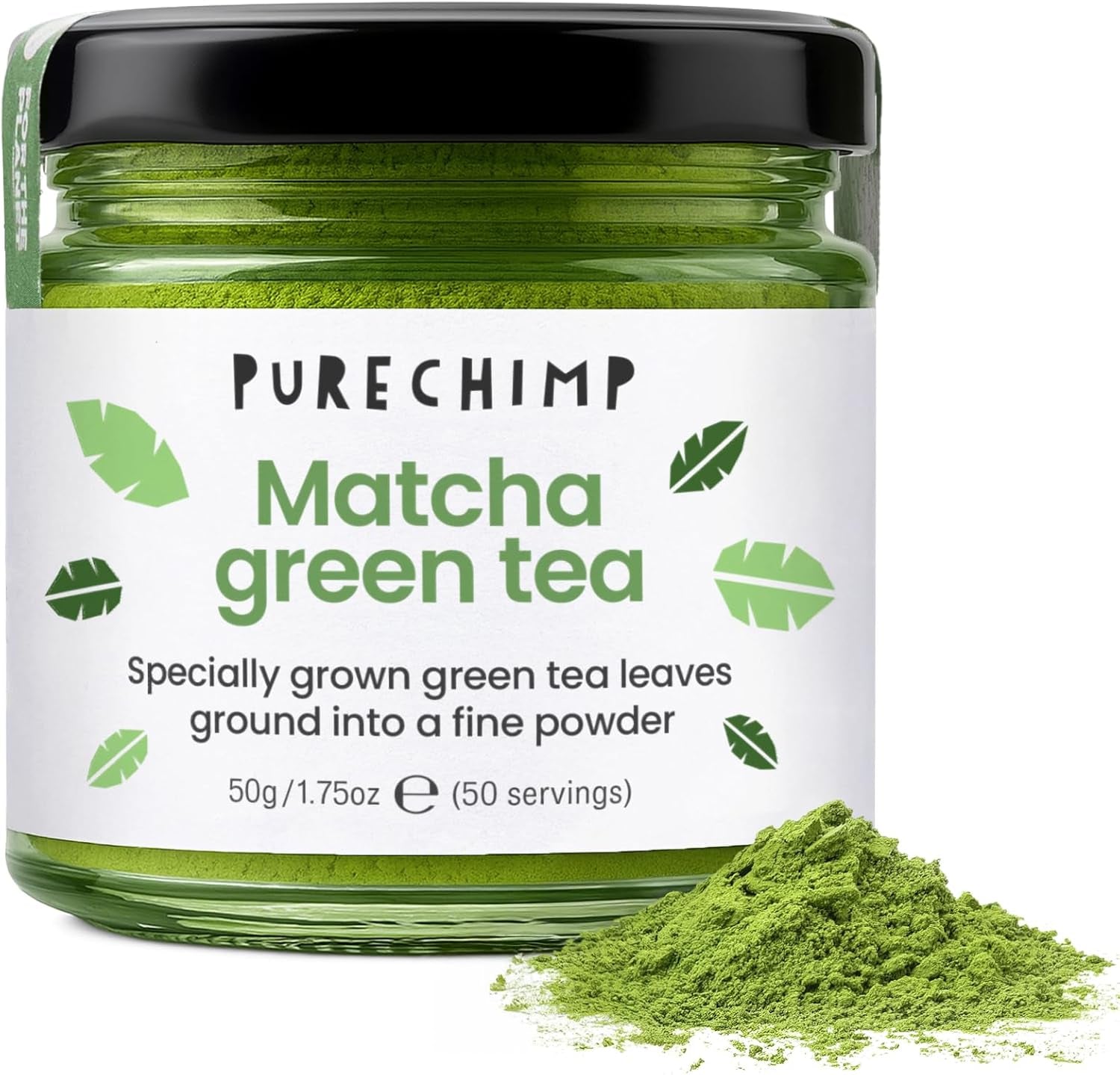 Purechimp Matcha-Pulver in zeremonieller Qualität, 50 g. 100 % reines, schattengewachsenes Teepulver für Latte, Aufgüsse und Rezepte. Recycelbares Glas. Reich an Antioxidantien.