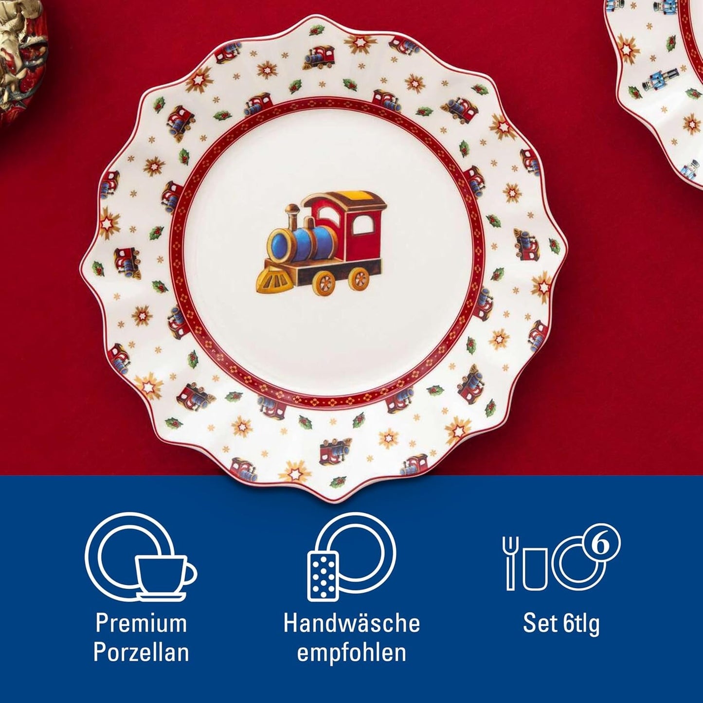 Villeroy & Boch - Toy's Delight Frühstücksset für 2, Lokomotiven-Design, 6-teilig, bunt, Weihnachten, Geschirrset mit Tellern, Tassen und Schüsseln zum Frühstück, Weihnachtsgeschirr, Premium-Porzellan