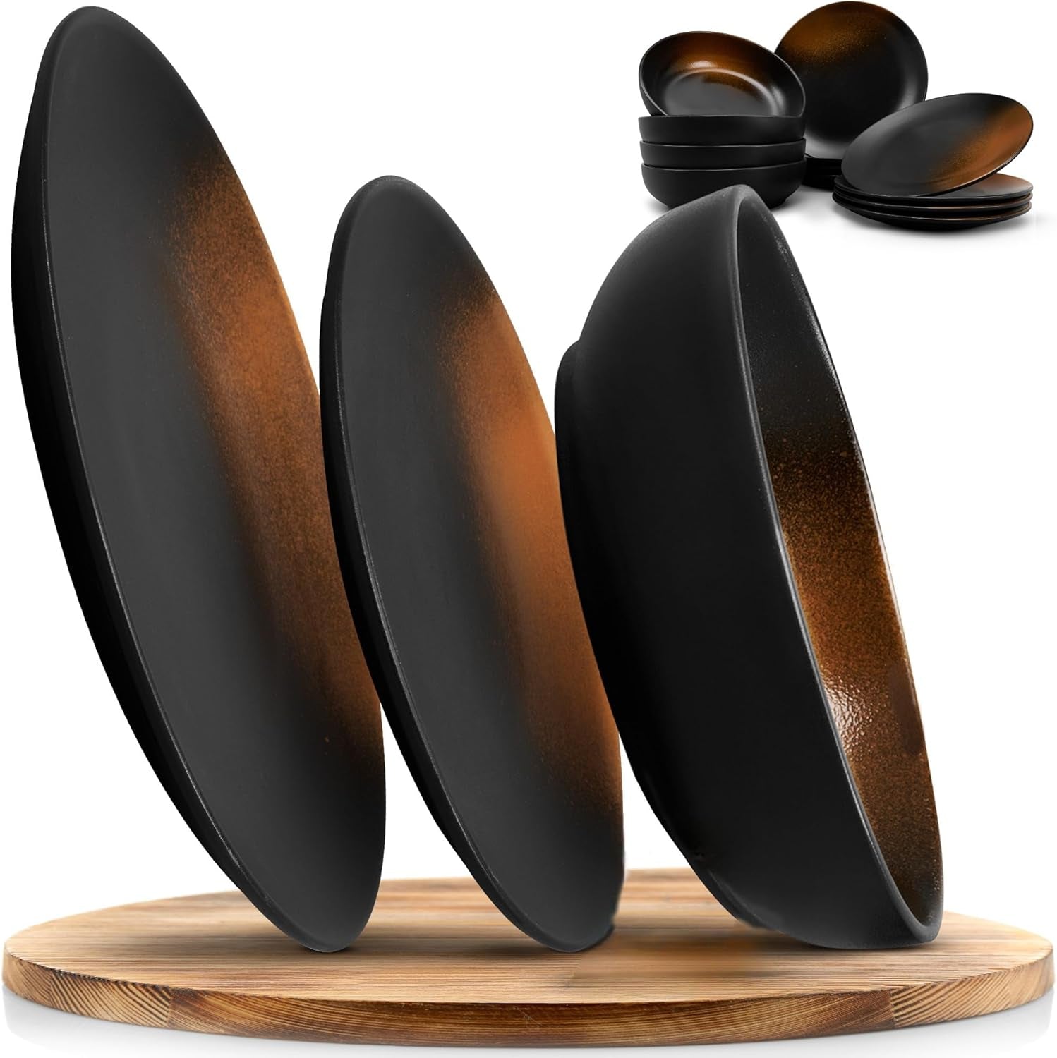 12-teiliges Geschirrset aus Steingut – Linie Prairie – Elegantes Design in Braun-/Schwarztönen, Set bestehend aus 4 Speisetellern, 4 Desserttellern und 4 Speisetellern/Premium-Kollektion