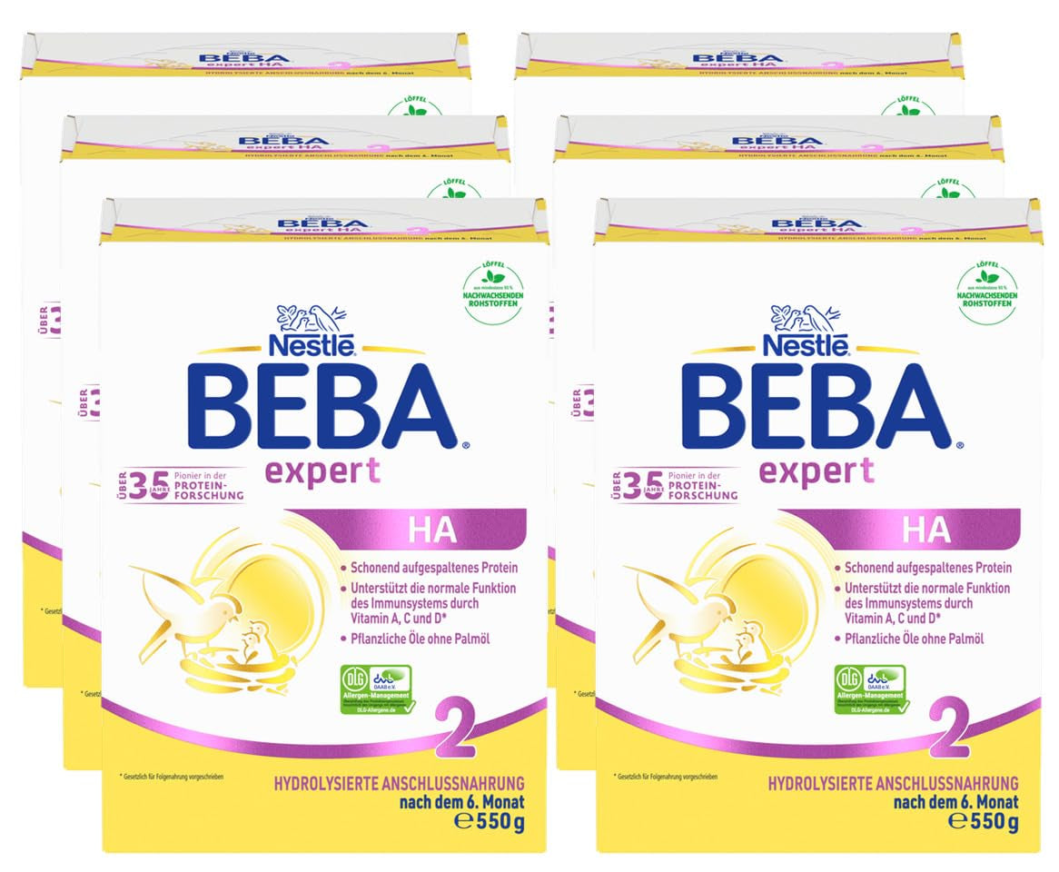 BEBA Expert HA 2 Folgemilch nach 6 Monaten, Babynahrung mit hydrolysiertem Protein, nur Laktose, palmölfrei, 6er Pack (6 x 550 g) Naty Shop