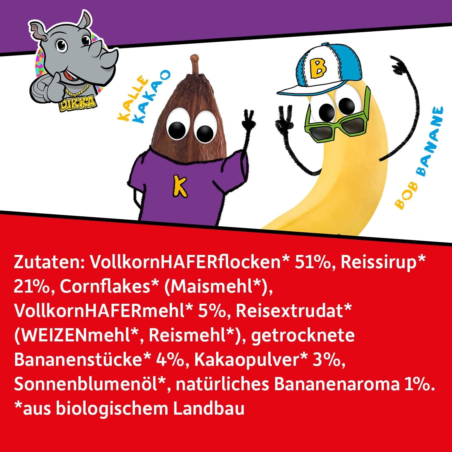 FRECHE FREUNDE KIDS, Bobs & DIKKAs Knuspriges Bananen-Kakao-Müsli, knuspriges Schokoladen-Müsli für Kinder, wenig Zucker, ohne Zusatzstoffe, 100 % vegan, 6 Stück (6 x 280 g)