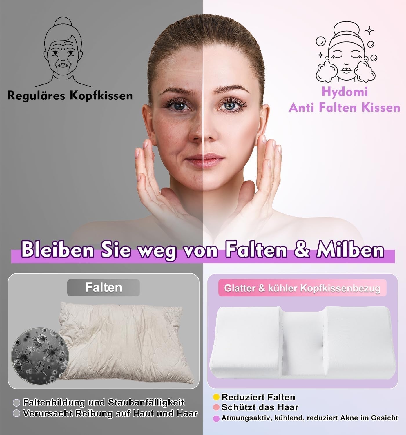 Hydomi Anti-Falten-Kissen, 2-in-1 Anti-Aging-Schönheitskissen, orthopädisches Nackenstützkissen, Nacken- und Schulterschmerzen, Memory-Schaum-Kissen, um Ihren Kopf gerade zu halten, orthopädische Nackenkissen, Naty Shop