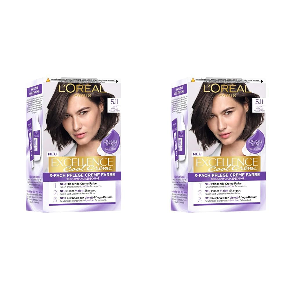 L'Oréal Paris Permanente Haarfarbe mit ultrakühlem Farbergebnis, 100 % Abdeckung grauer Haare, Set mit Färbemittel, Shampoo und Pflegecreme, Excellence Cool, Nr. 5.11 Hellbraun (Braun) (2er-Pack) Naty Shop Haarfärbemittel Standardtitel
