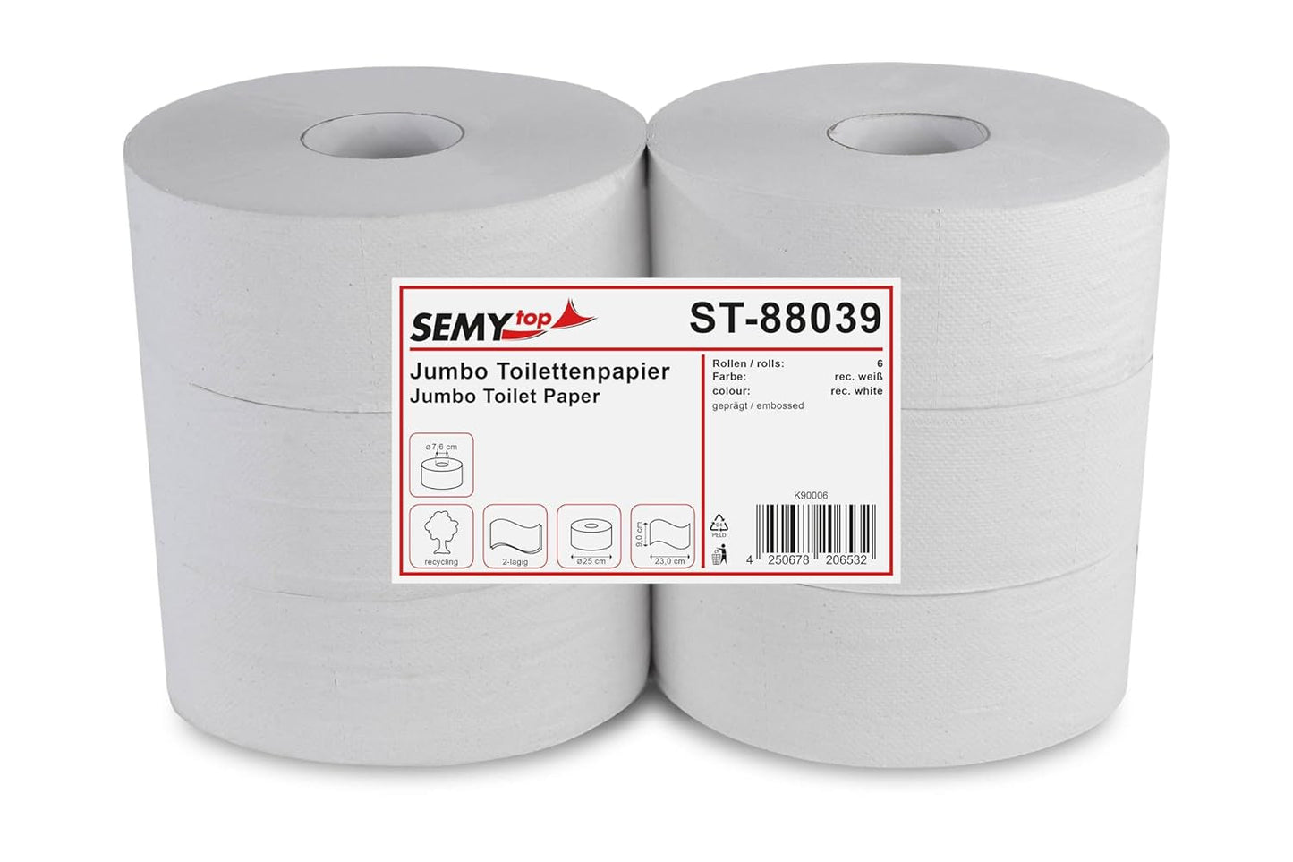 Semi Top ST-88039 Jumbo-Toilettenpapier, 2-lagig, recycelt, 25 cm Durchmesser (6er-Pack)