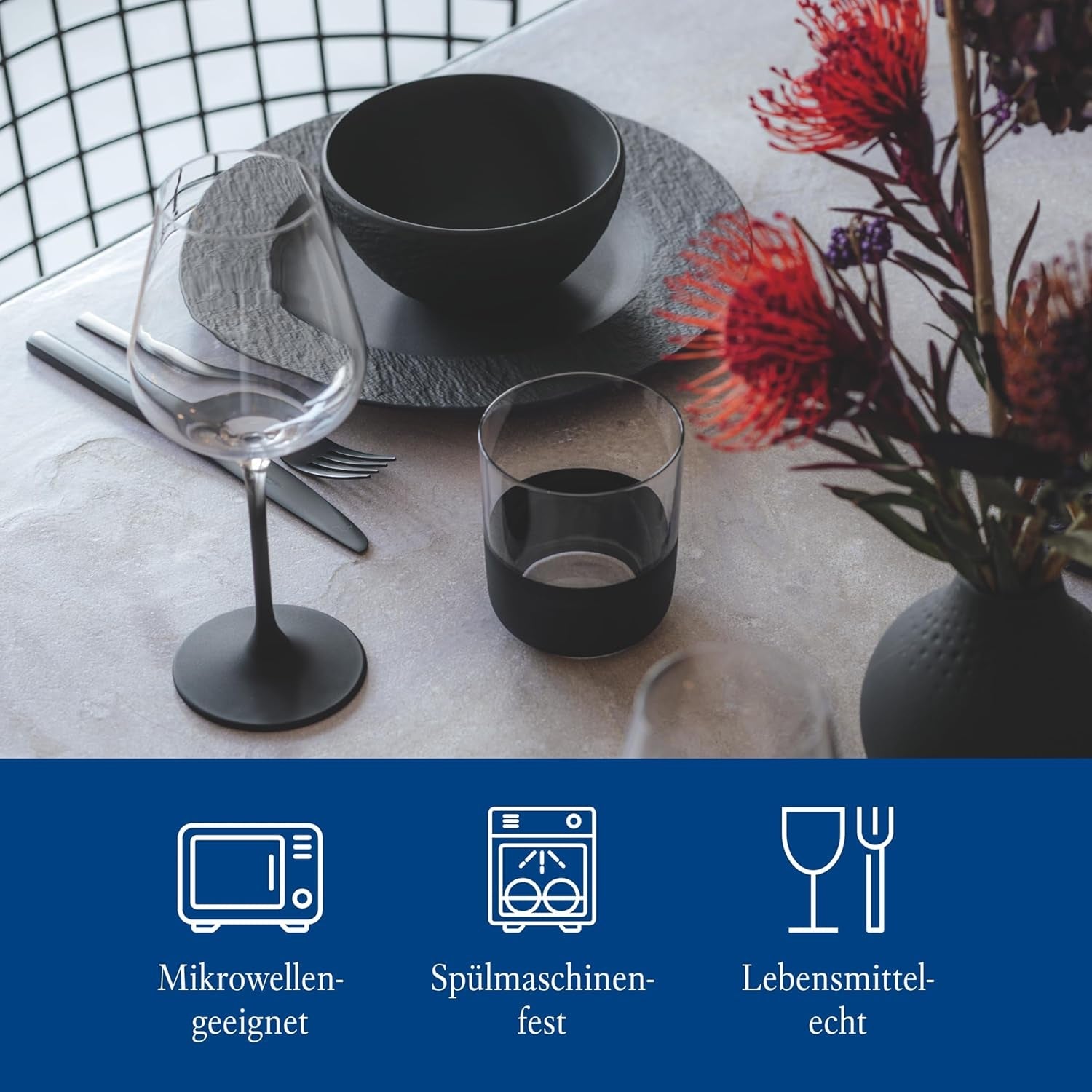 Villeroy & Boch Manufacture Rock Starter-Set, 6-teilig, schwarz, spülmaschinenfest, mikrowellengeeignet, mattschwarzes Geschirrset, Geschirr, Besteck, Premium-Porzellan
