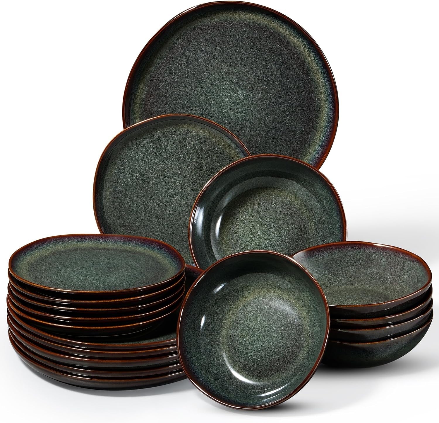 6-Personen-Geschirrset, 18-teiliges Steinzeug-Servierset, unregelmäßige runde Müslischalen, Dessertteller, Speiseteller, kratzfest, mikrowellengeeignet, reaktives Moosgrün