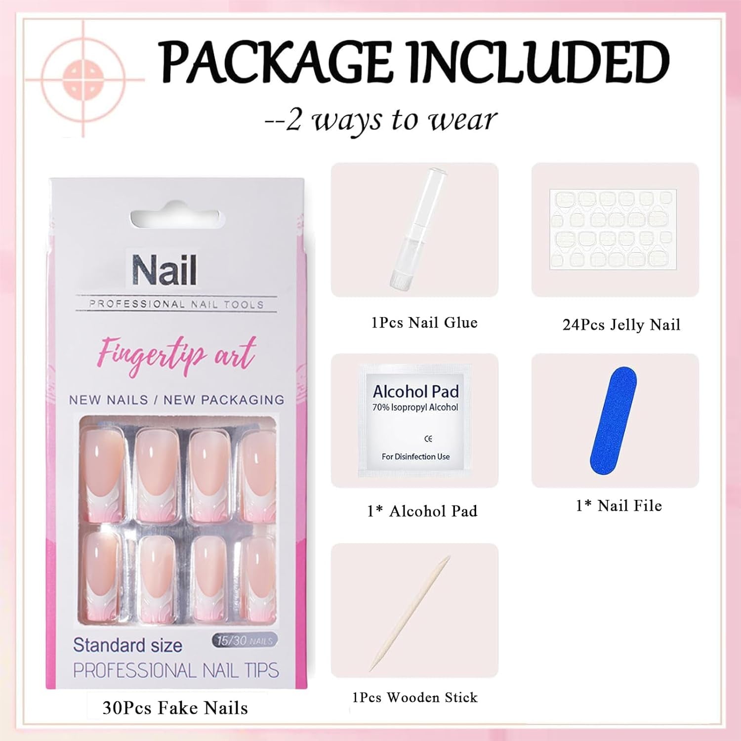 30 Stück französische künstliche Nägel – zum Aufkleben auf künstliche Nägel – weiche Gelnägel für Frauen – selbstklebende Acrylnägel, quadratische Maniküre (französisches Rosa)