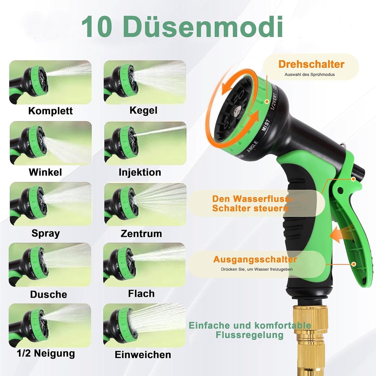45 m ausziehbarer Gartenschlauch, automatisch einziehbarer flexibler Wasserschlauch, 10 Sprühmuster, TPE 2500D, Metallanschlüsse, für extra große Gärten, Landwirtschaft, Reinigung
