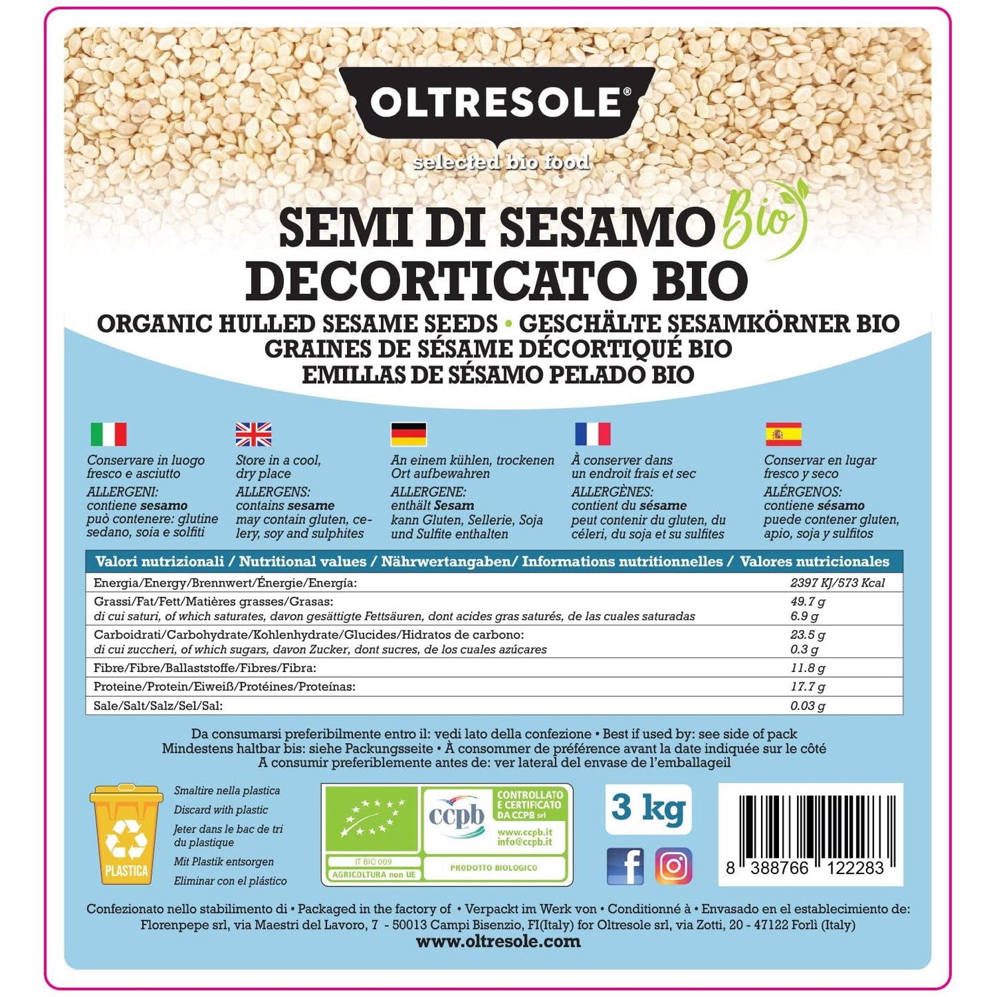 Bio-Sesamsamen 3 kg, rohe Bio-Ölsaaten, weißer Sesam, natürlich geschält, ungeröstet, Quelle für Kalzium und Eisen, Sparpaket