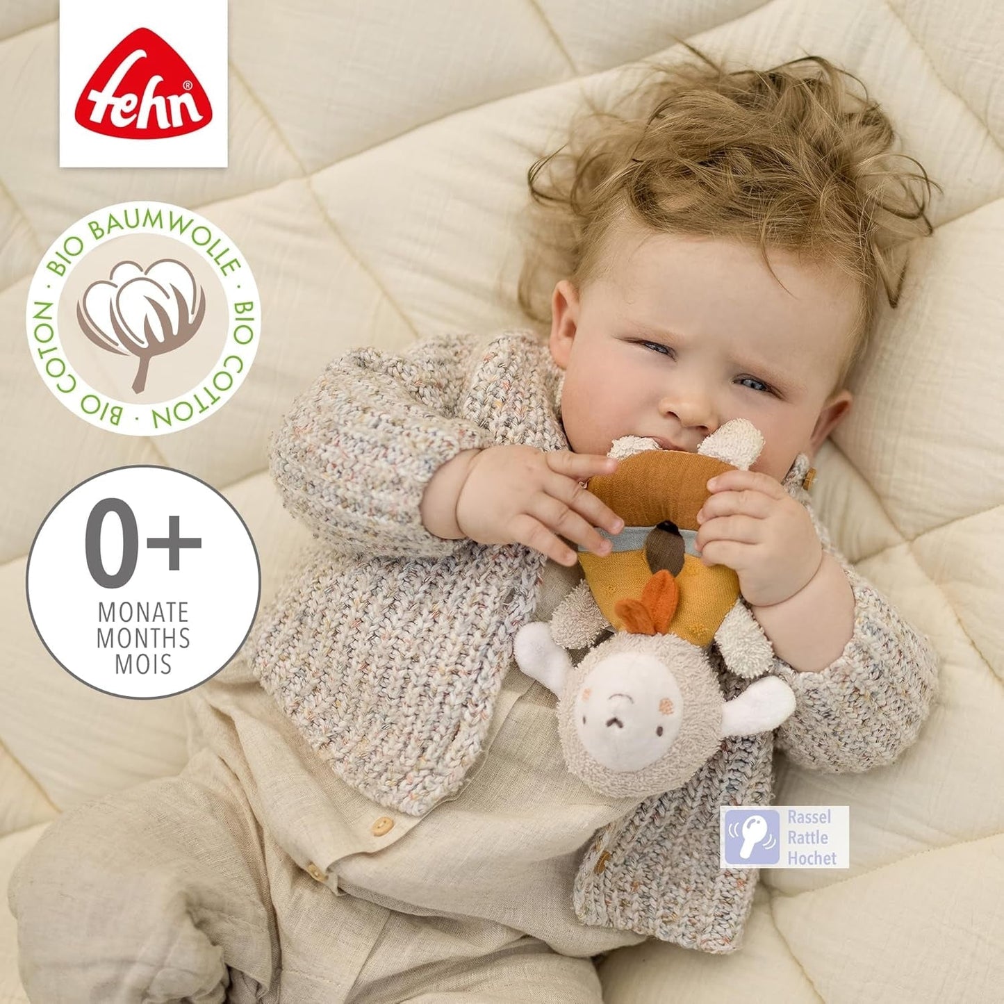 Fehn Baby Greifling Schaf Spielzeug fehnNATUR – Plüschtier mit Bio-Baumwolle – Babyspielzeug mit Glöckchen und spielerischem Lernspielzeug – Greifling für Babys und Kleinkinder ab 0+ Monaten Babyspielzeug Naty Shop