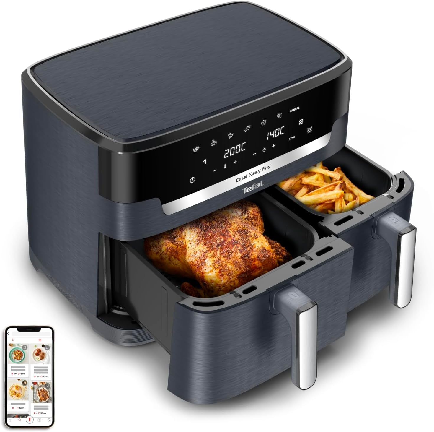 Tefal Dual Easy Fry Heißluftfritteuse mit zwei Kammern, 5,2/3,1 Liter Fassungsvermögen, zwei unabhängige Schubladen, 7 Programme Haushaltsgeräte Naty Shop Grau / Anthrazit
