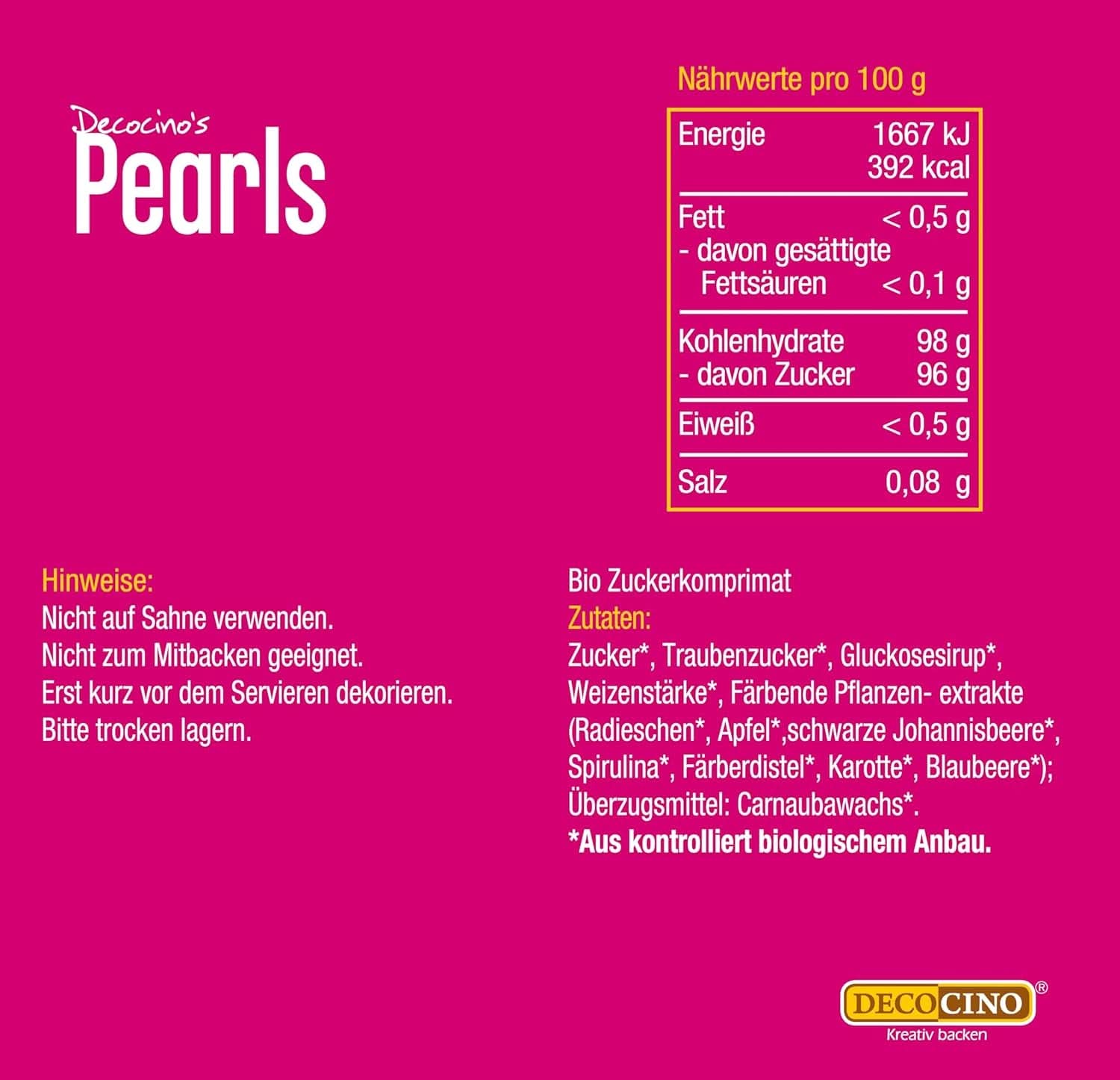 DECOCINO Bio-Streuselperlen – 60 Gramm – Bio-Dextrose-Streusel Sprinkles Naty Shop