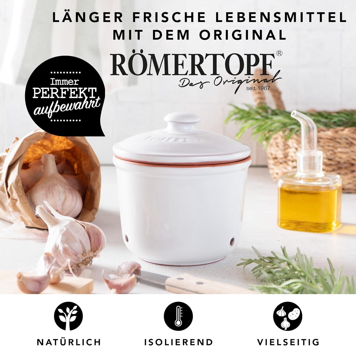 Römertopf Fresh Pot MINI 0,6 Liter – Knoblauchtopf aus Keramik – Atmungsaktiver Ton hält Gemüse länger frisch – Ideale Luftzirkulation – Weiße Frischhaltedosen Naty Shop