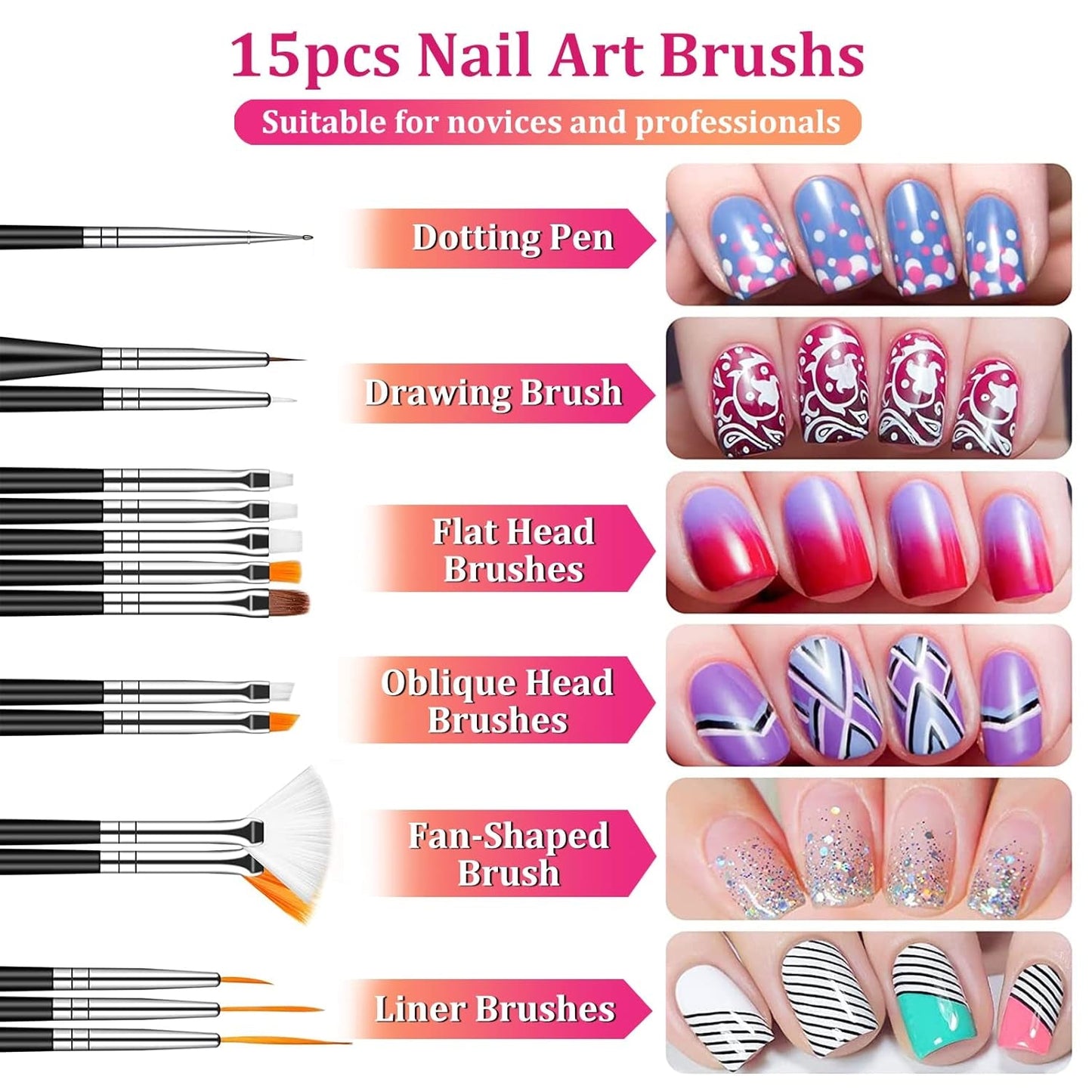 Nail Art Pinsel Und Dekorationen Set,Nail Art Dekoration Zubehör Set,15 Pcs Pinsel,5 Blätter Nagelsticker,5 Pcs Dotted Pen,Strasssteine ​​​​Nägel,Ultra Dünn Nagel Paillettes Für Nagelkunst Maniküre