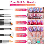 Nail Art Pinsel Und Dekorationen Set,Nail Art Dekoration Zubehör Set,15 Pcs Pinsel,5 Blätter Nagelsticker,5 Pcs Dotted Pen,Strasssteine ​​​​Nägel,Ultra Dünn Nagel Paillettes Für Nagelkunst Maniküre