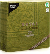 Papstar, 50 Servietten „ROYAL Collection“ 1/4 Falz 40 cm x 40 cm olivgrün „Ornaments“, #81746