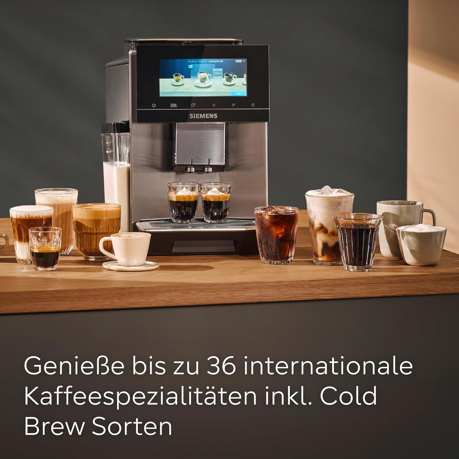 Automatische Espressomaschine Siemens EQ900, großer TFT-Farbbildschirm, 2 Bohnenbehälter, 36 Heiß- und Kaltgetränke, kalter Kaffee, superleise, Zwei-Tassen-Funktion, App-Steuerung, Edelstahl, TQ907D03