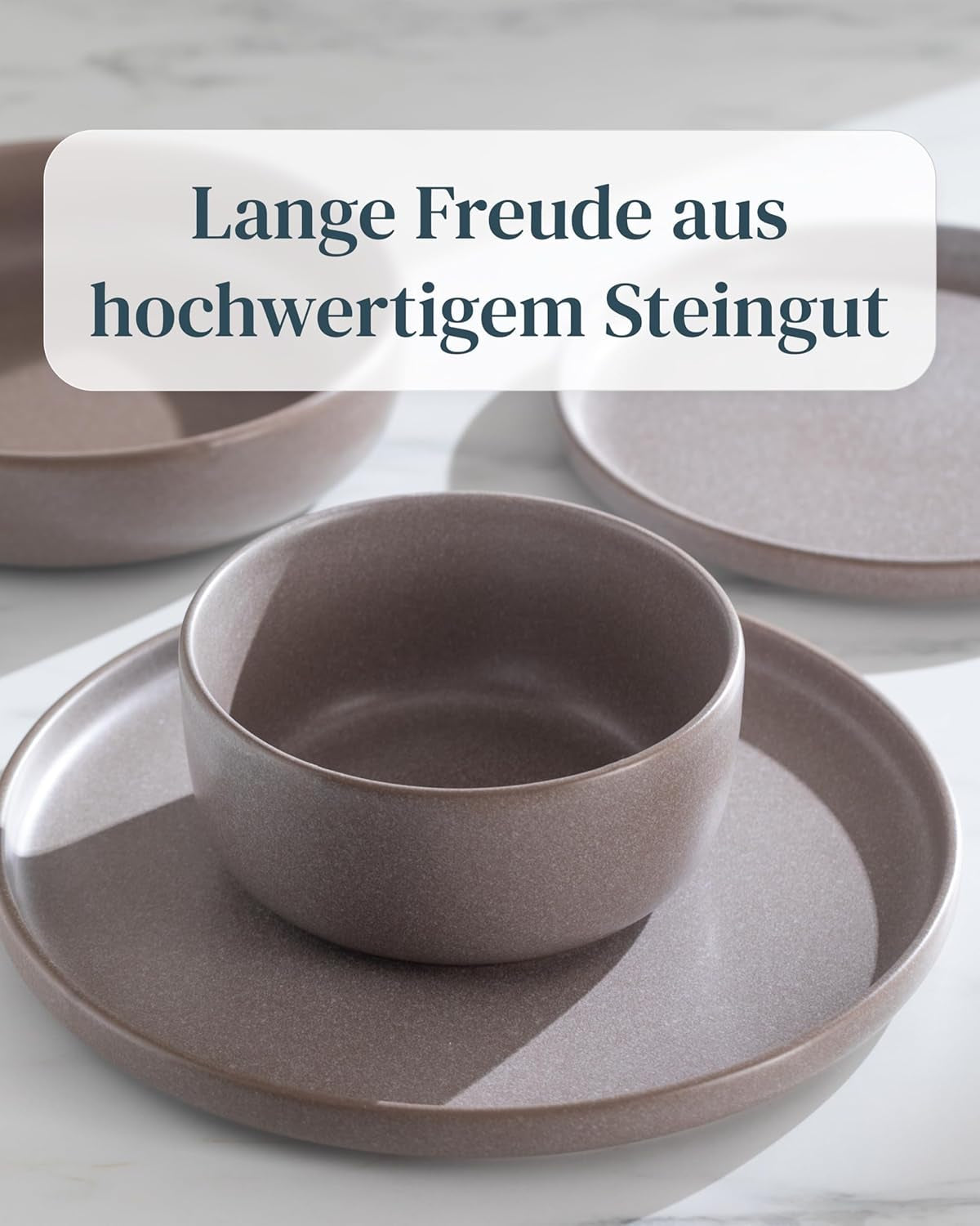 Steinzeug-Geschirrset für 12 Personen, 36-teilig, urbaner Stil, hohe Qualität, SEHR GUTER TEST, Steinzeug-Geschirrset – Schüssel- und Teller-Set – Tafelservice für 12 Personen, Pure Living-Geschirrsets in mattem Graubraun