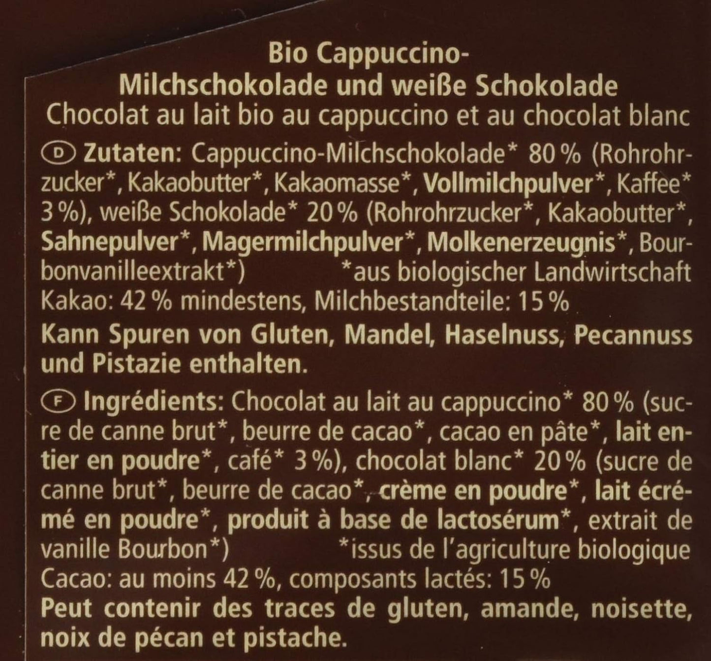 Bio-Schokolade gefüllt mit Cappuccino, 100g