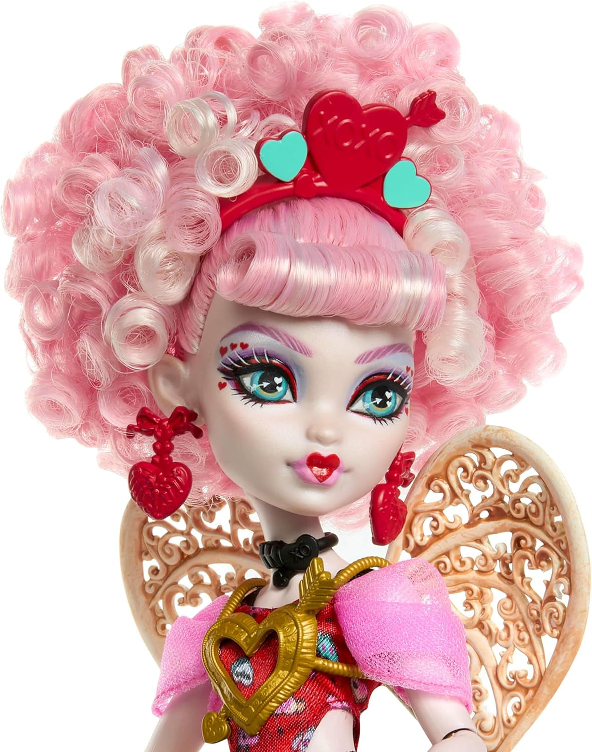 Monster High Scary Sweet Birthday Cupid Asteria Puppe in rosa und rotem Partykleid mit thematischen Accessoires wie Einladung, Ballon, Geschenk und mehr, JBG77