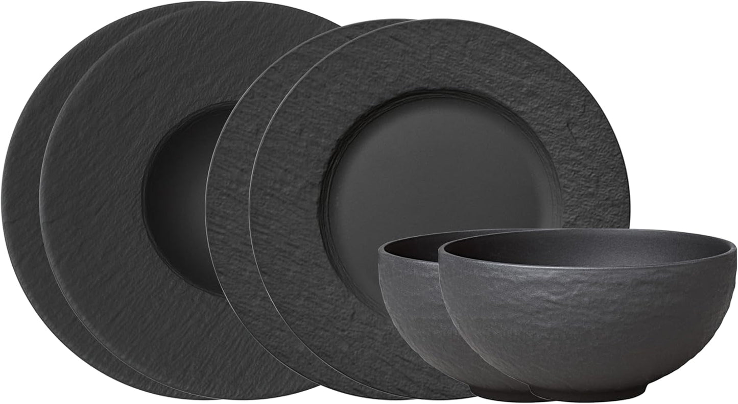 Villeroy & Boch Manufacture Rock Starter-Set, 6-teilig, schwarz, spülmaschinenfest, mikrowellengeeignet, mattschwarzes Geschirrset, Geschirr, Besteck, Premium-Porzellan
