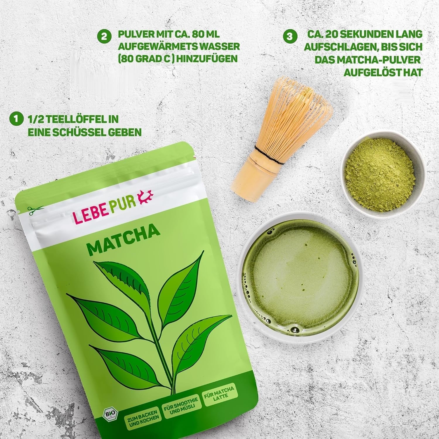 Lebepur BIO Matcha-Pulver 100 g – Premium-Qualität aus Japan ohne Zusatzstoffe – 100 % reines Grüntee-Pulver für Matcha Latte, Matcha-Tee, grünen Tee, Smoothie – japanischer grüner Tee