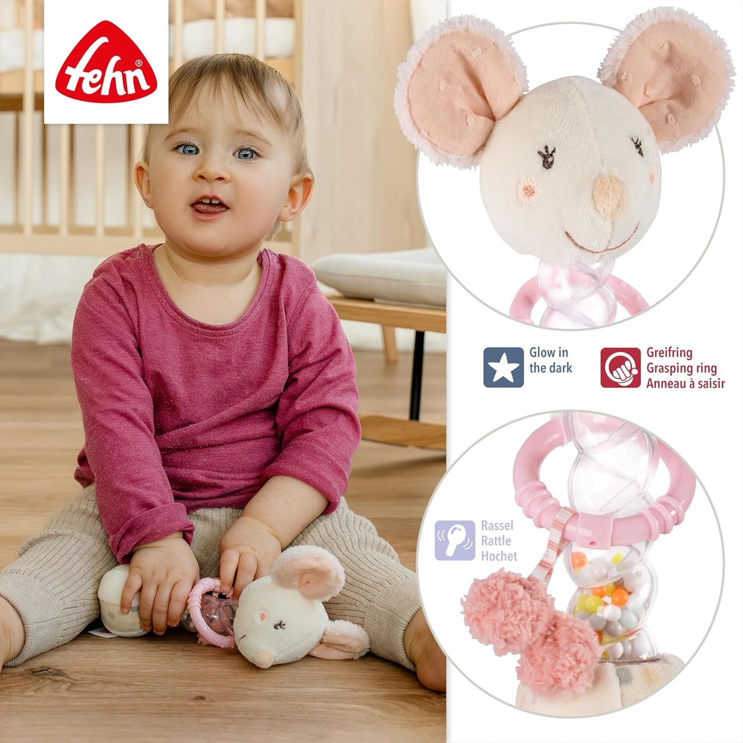 Fehn Regenmacher-Maus – Motorikspielzeug mit Glocke zum Greifen und Geräuschemachen – Glockenstab fördert spielerisch Sinne und Motorik – für Babys und Kleinkinder ab 0+ Monaten Babyspielzeug Naty Shop