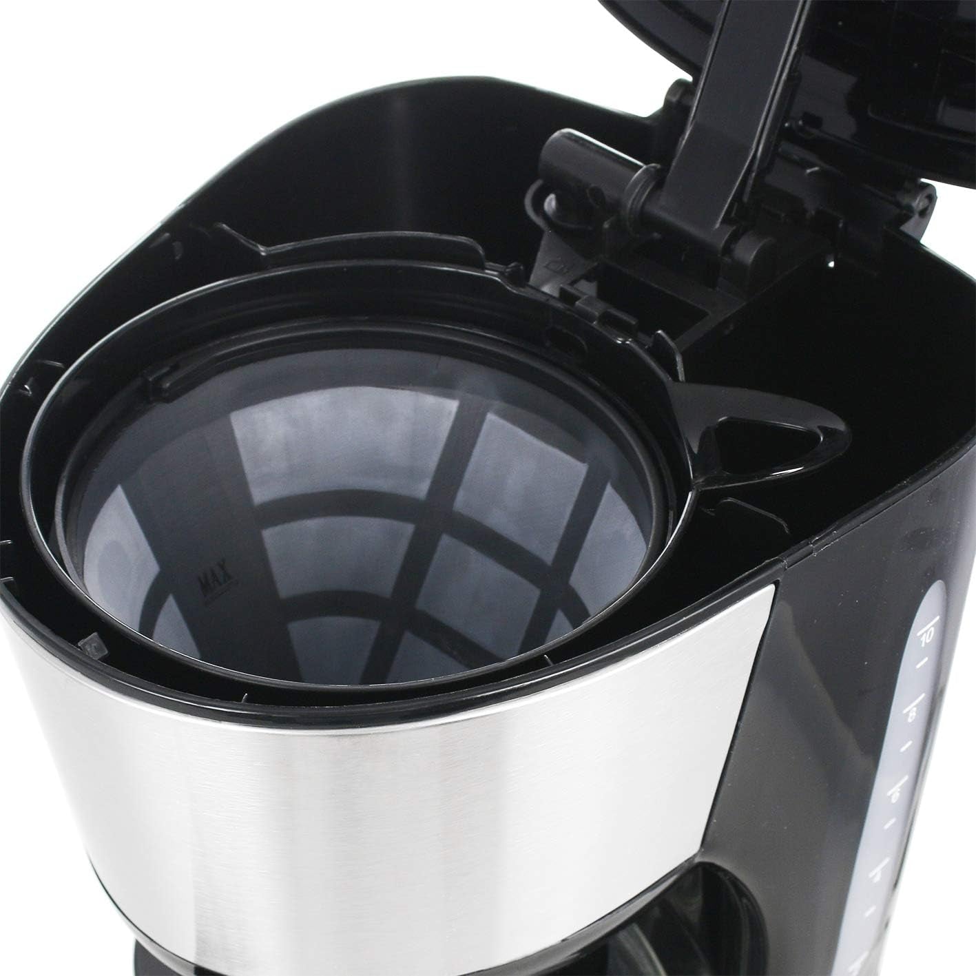 Emerio CME-122933, Filterkaffeemaschine, 1,25 l für bis zu 10 Tassen frischen Kaffee, permanent herausnehmbarer Filter, Anti-Tropf-Funktion, Glaskaraffe, automatische Abschaltung, 1000 Watt, schwarz/silber